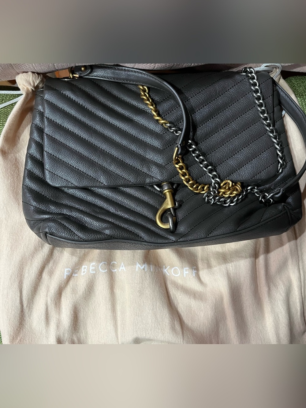 Rebecca Minkoff Edie shoulder bag gray quilted leather mixed gunmetal gold chain